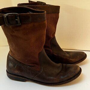 Frye Paige Short Riding Boots Brown Canvas & Leather Pull On Mid Calf 6.5 (READ)